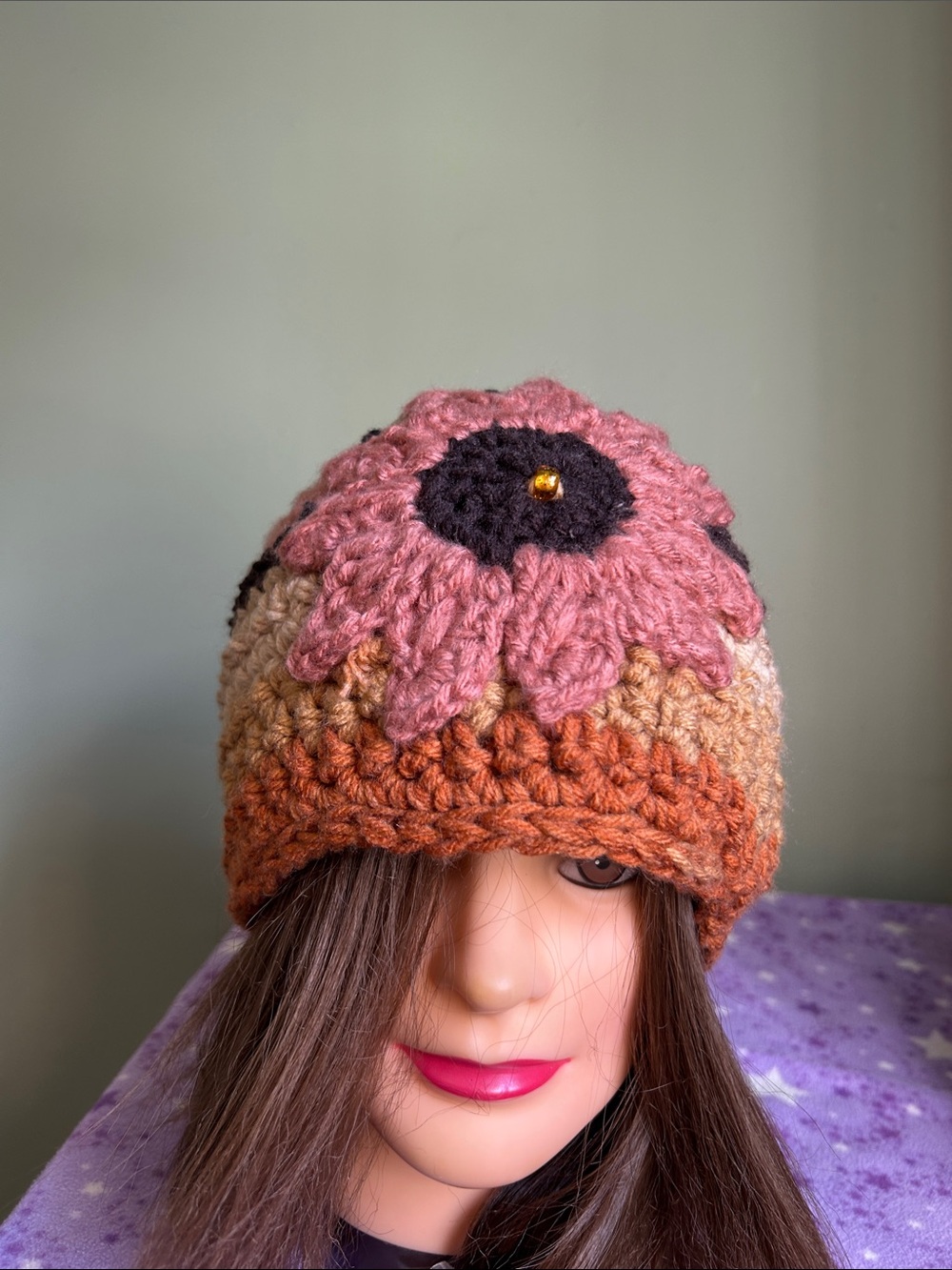 Crochet Flower beanie medium sunflower new